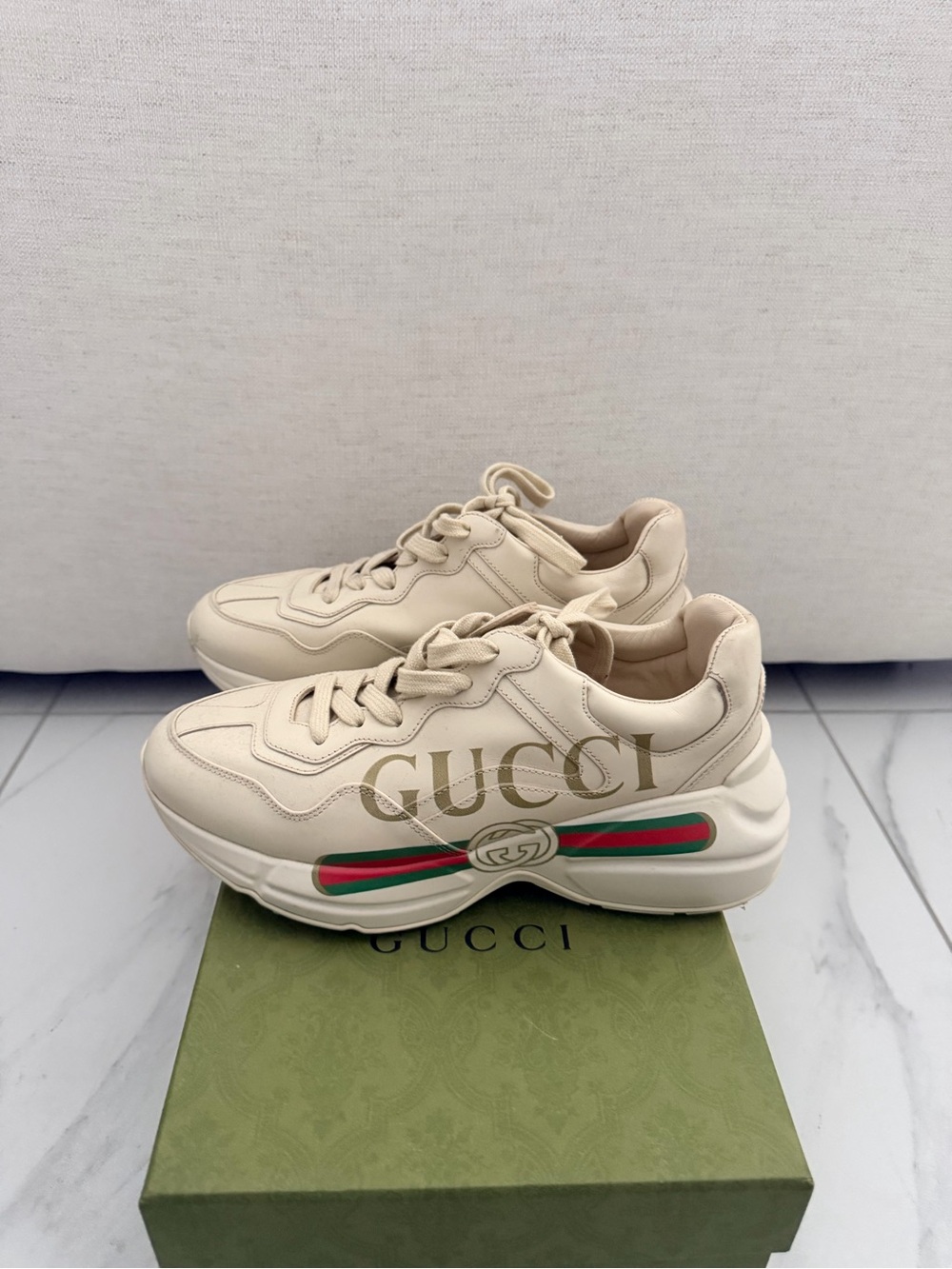 Gucci Cream Leather Platform Sneakers with Green & Red Web Stripe